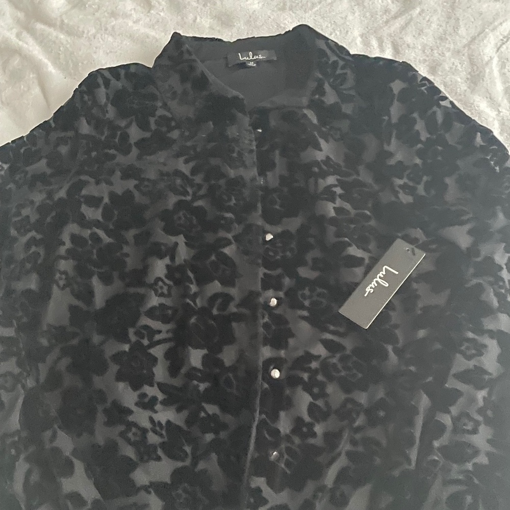Lulus Crushed Velvet Sheer Button Up Blouse/Top Medium Women Ladies HOT!